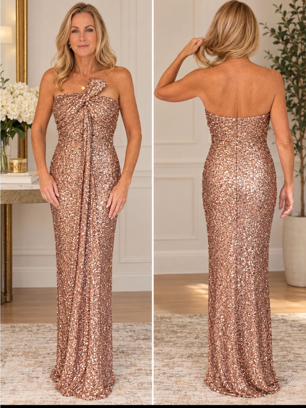 Badgley Mischka Strapless Sequin Gown Rose Gold Size 8 | Formal Gala Evening